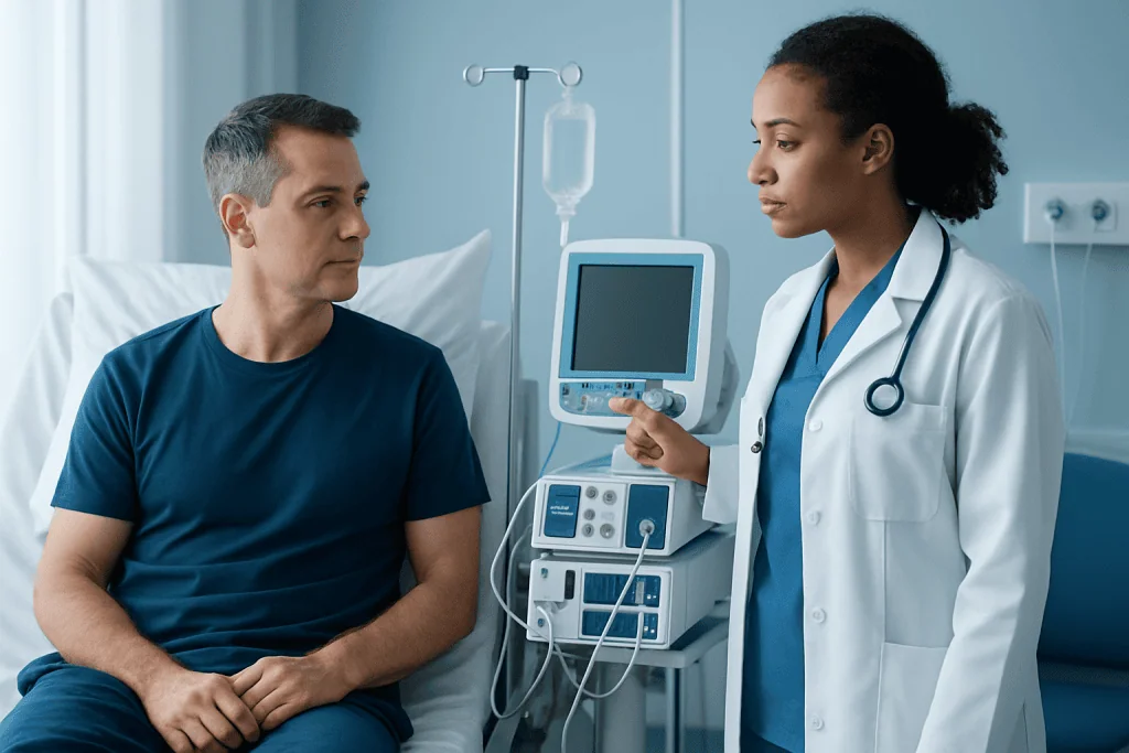 Doctor explaining medical information to a patient in hospital room.
