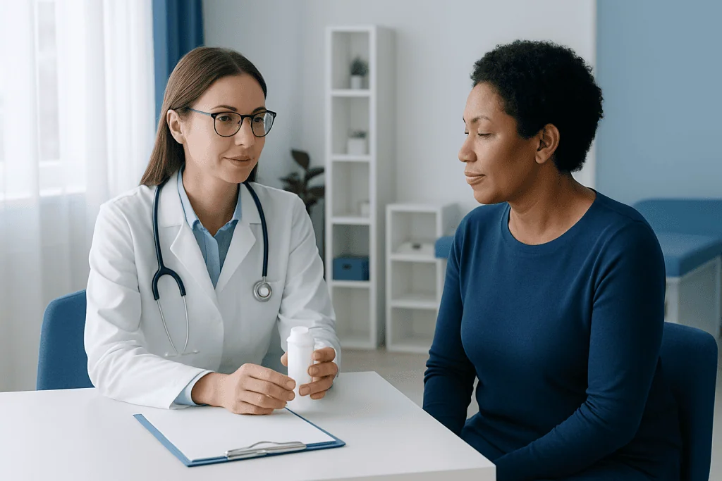 Doctor consulting patient with medication in a clinical setting.