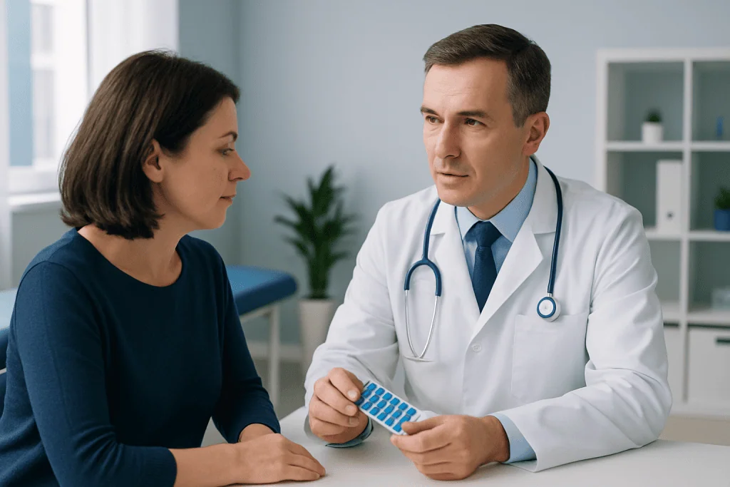 Doctor consulting with female patient in a medical office.