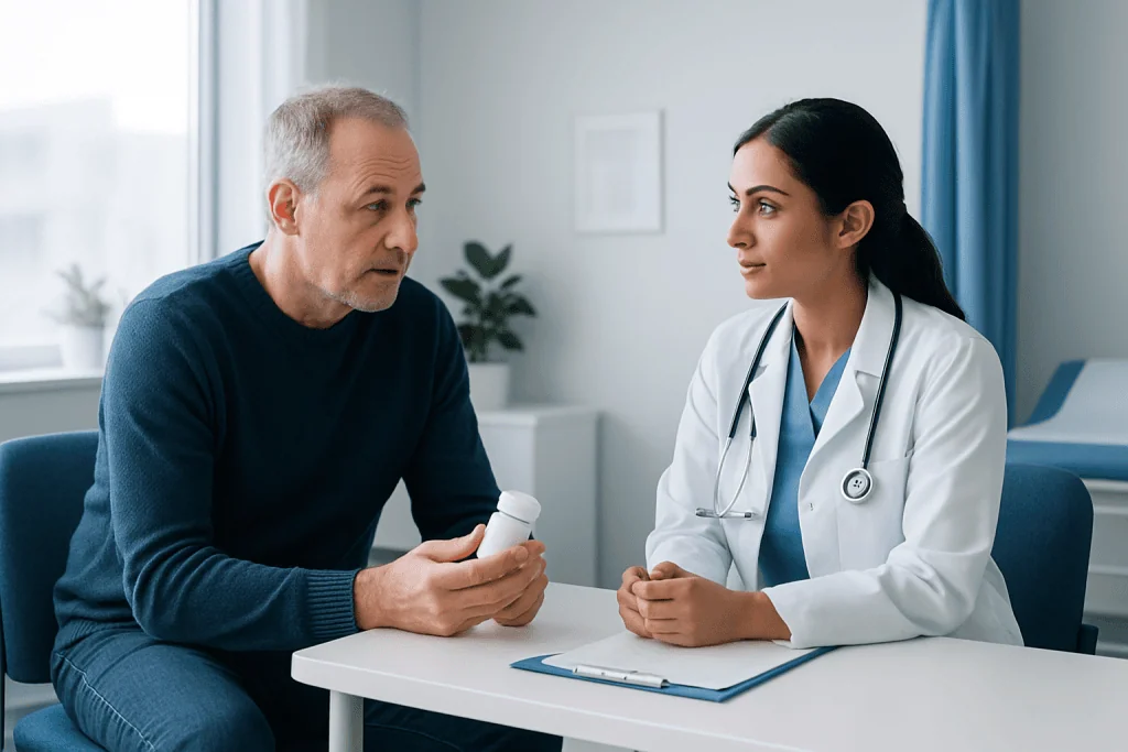 Doctor consulting with an elderly male patient in a medical office.