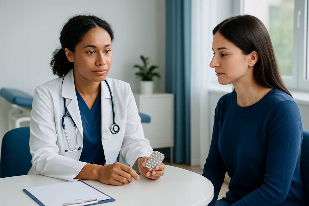Doctor explaining medication to a patient in a clinical setting.