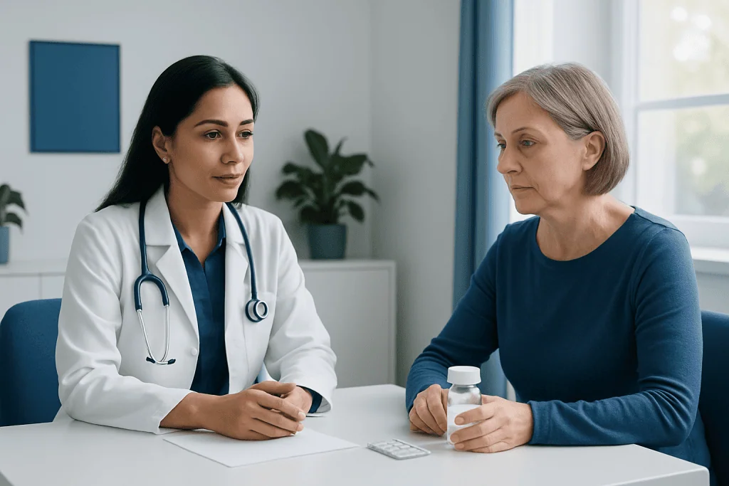 Doctor consulting with an elderly female patient in a medical office.