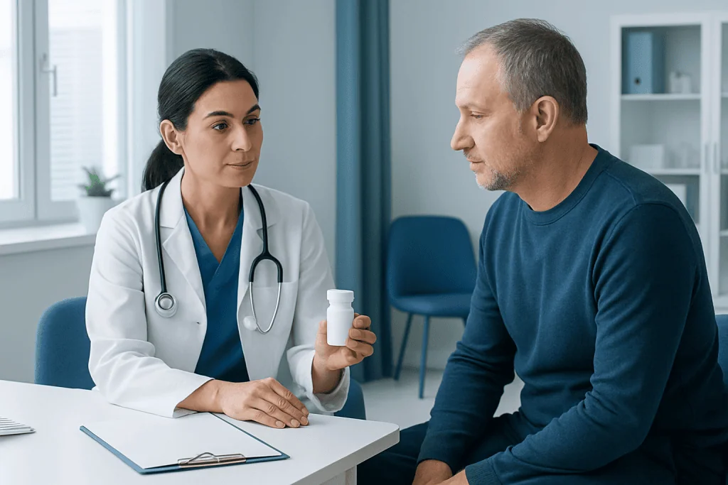 Doctor explaining medication to patient in a clinical setting.