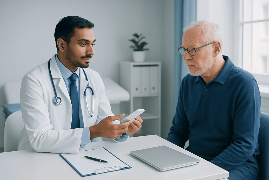 Doctor consulting with elderly patient in a medical office setting.