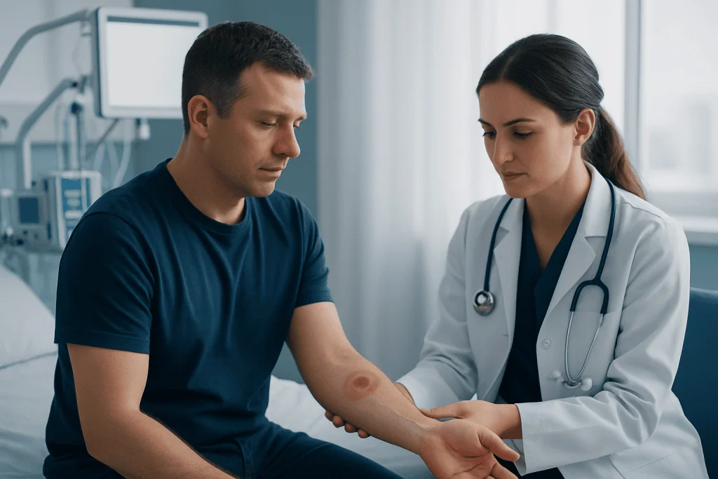 Doctor examining a patient's arm for bug bite symptoms at a hospital.