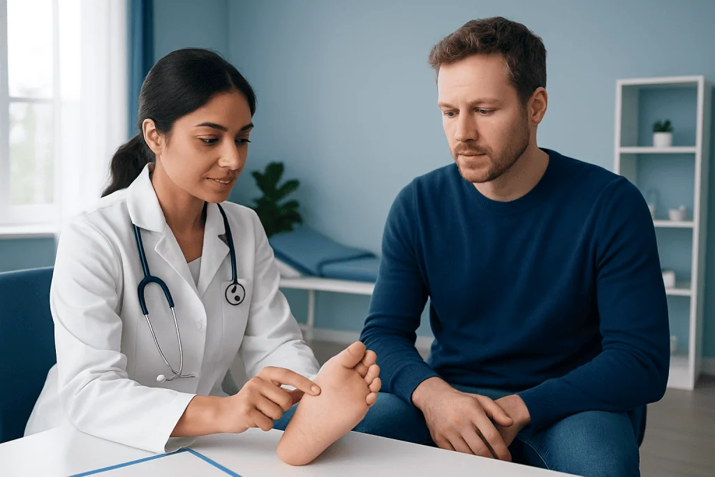 Doctor examining patient's hand in a medical consultation room.