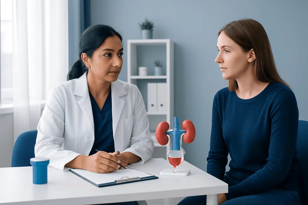 Doctor explaining kidney health to a patient in a medical consultation.