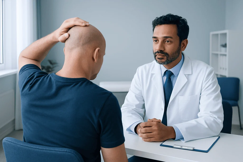 Doctor consulting with patient about back of head issue in clinic setting.