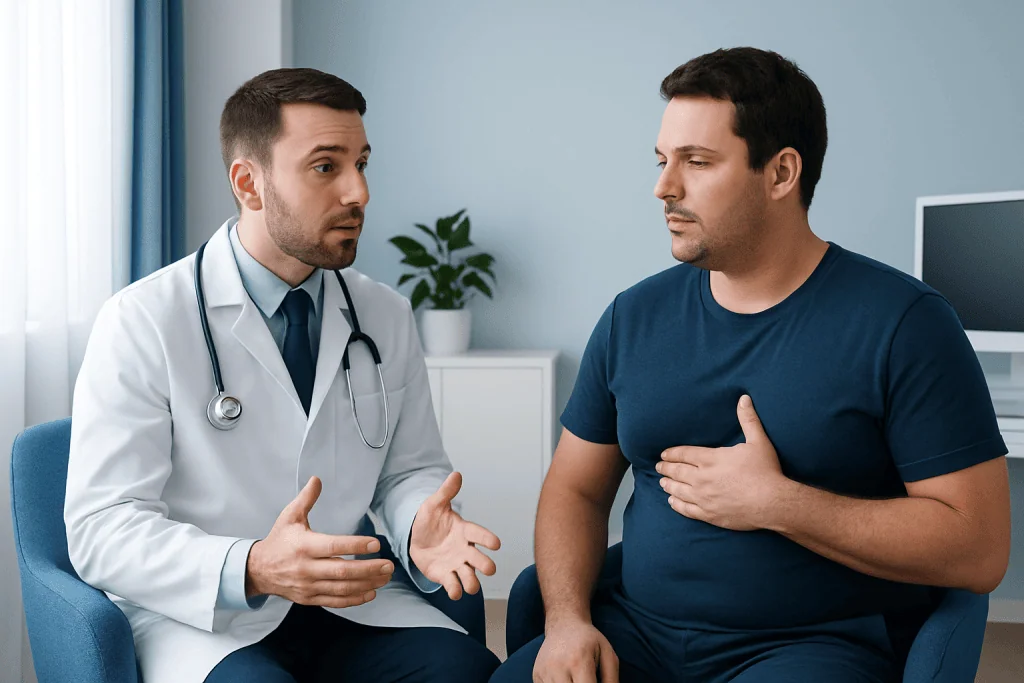 Doctor consulting male patient about gynecomastia treatment options.