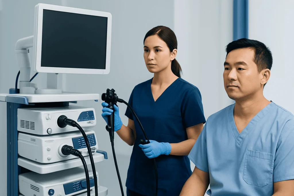 Medical professionals using endoscopy equipment in a hospital setting.