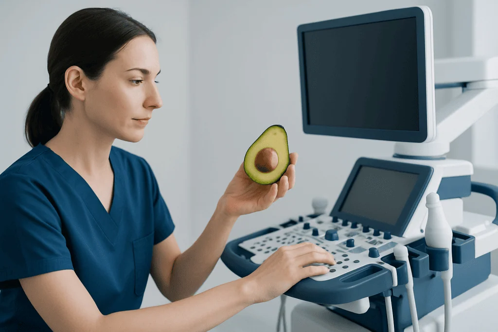 Medical professional holding an avocado in a clinical setting.