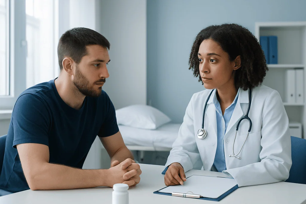 Doctor consulting with a male patient in a medical office setting.