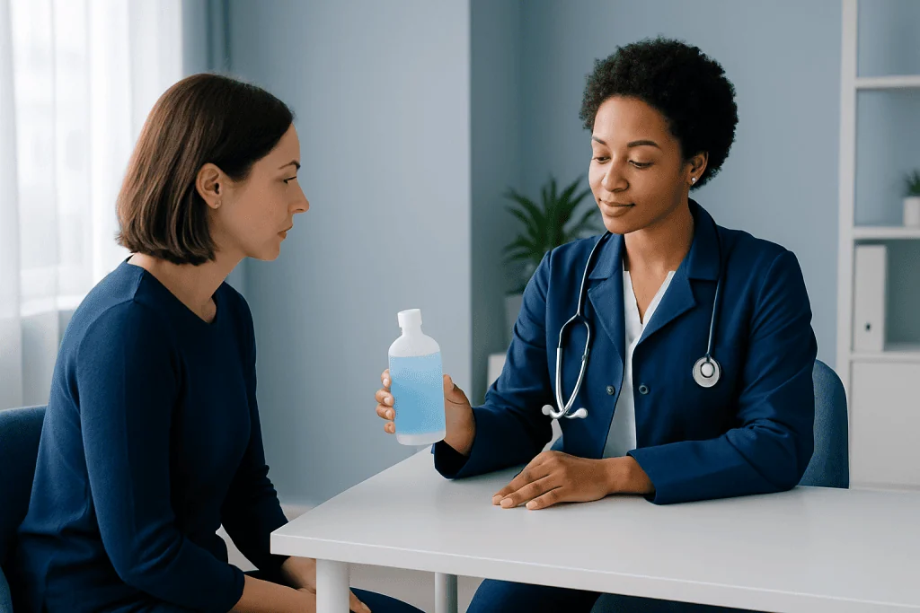 Doctor explaining alcohol expiration to patient in clinic setting.