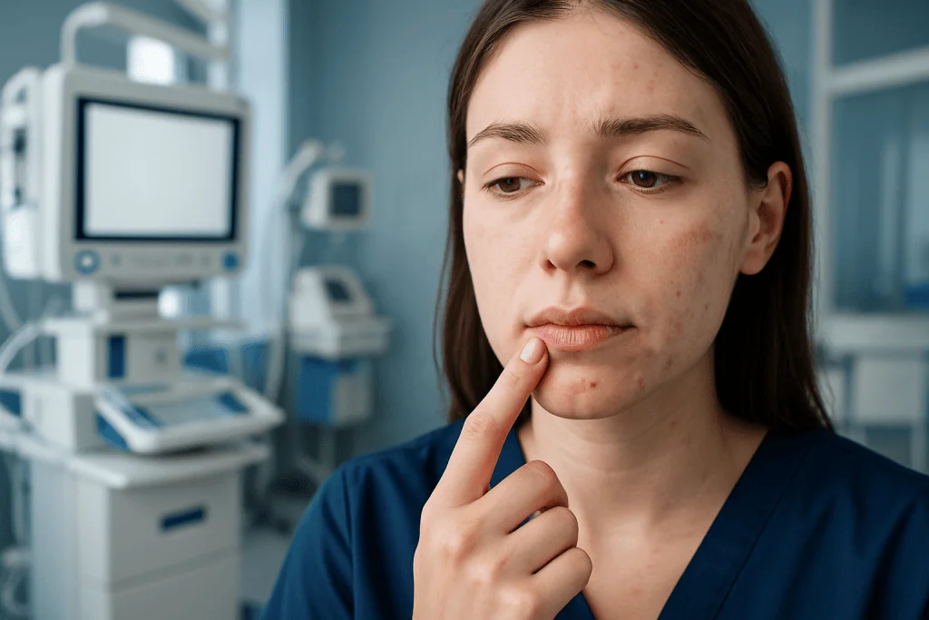 Young woman contemplating pimple on lip line in medical setting.