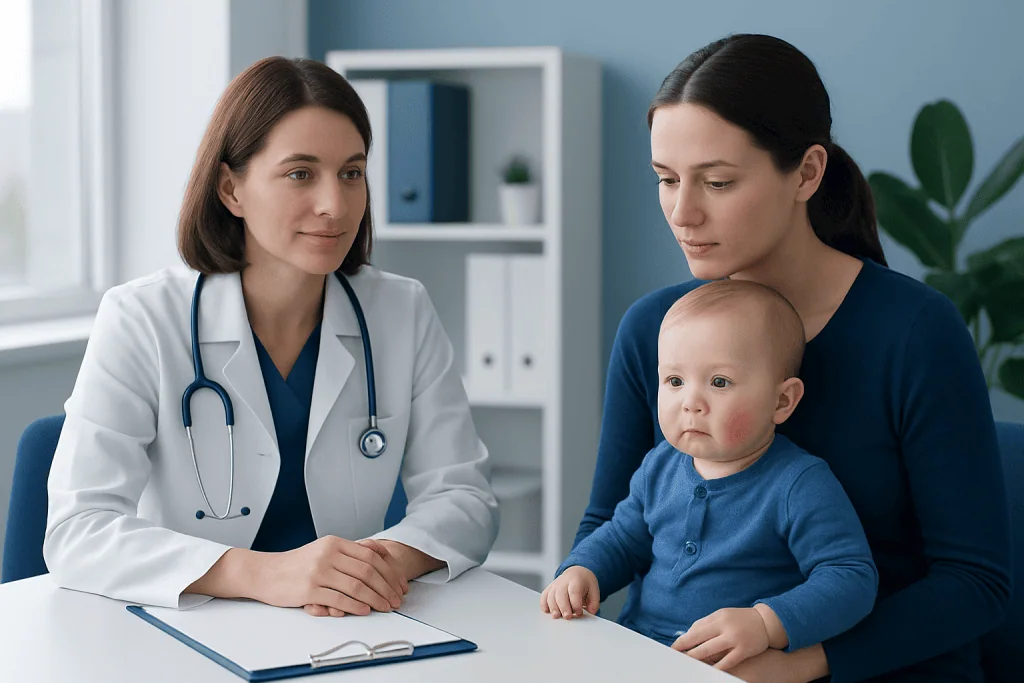 Pediatric consultation at Acibadem Hospital with doctor and mother.