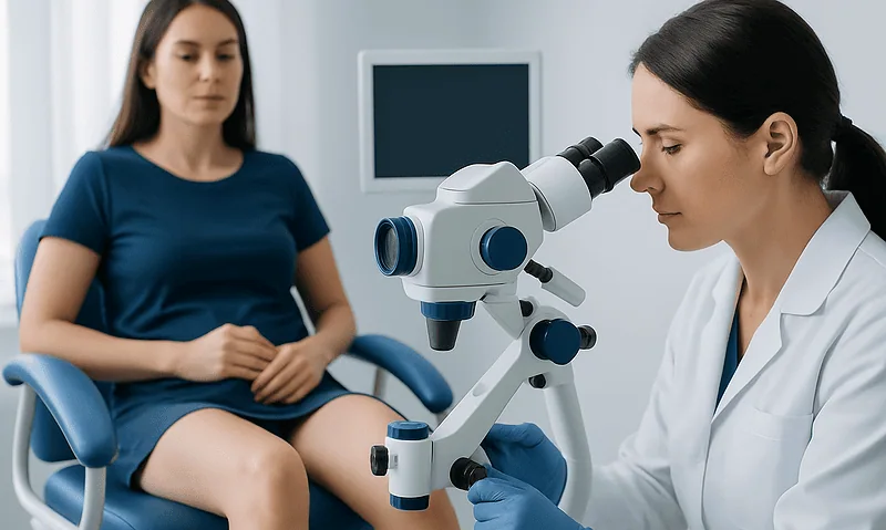 Gynecologist examining patient with microscope in clinic setting.