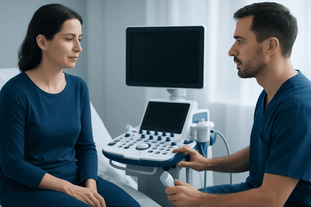 Doctor performing an ultrasound exam on a female patient in a medical clinic.