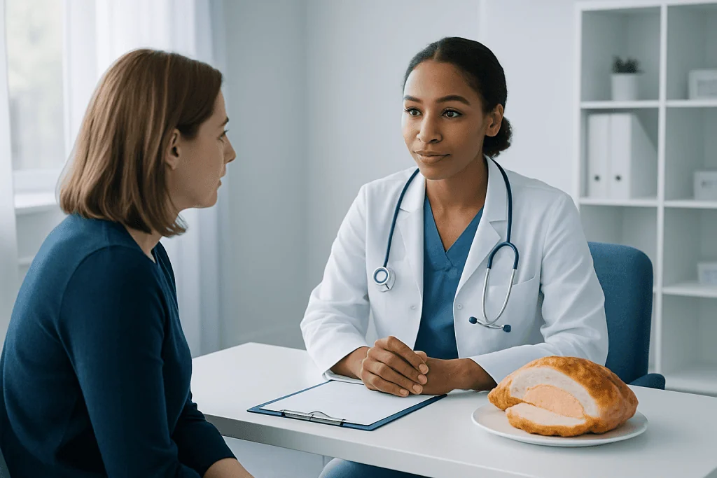Doctor consulting with patient about health with a ham on the table.