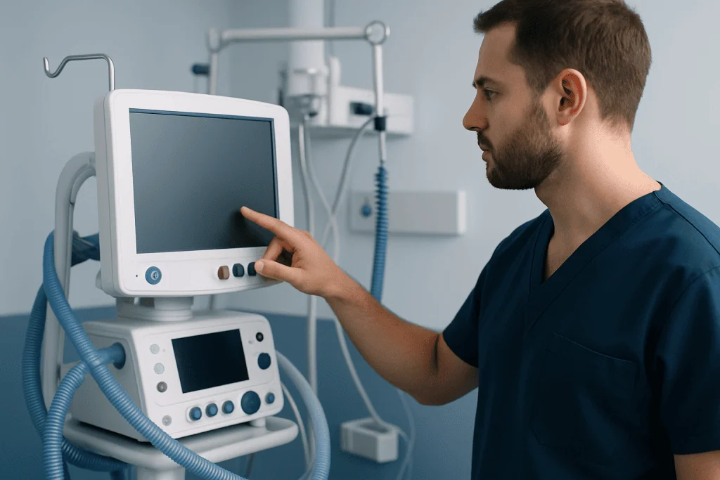 Healthcare professional operating medical monitoring equipment in hospital.