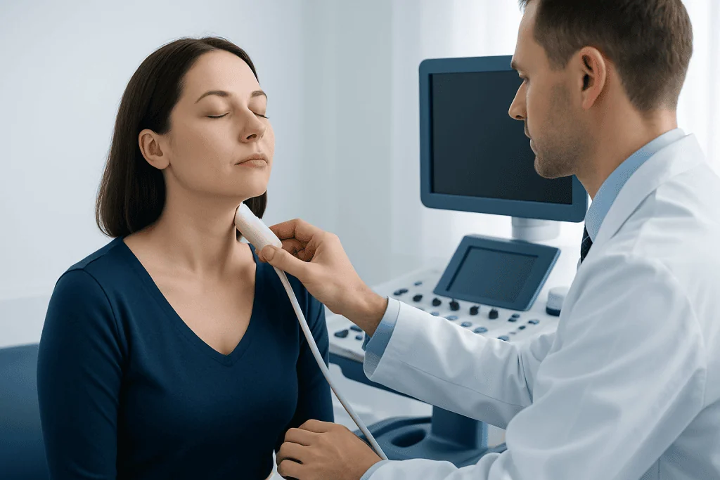 Doctor examines patient's neck for swollen lymph nodes in a medical clinic.