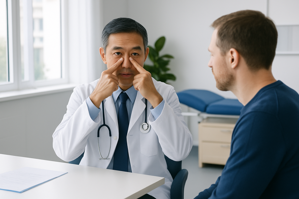 Doctor demonstrating sinus pressure points to a patient in a consultation room.