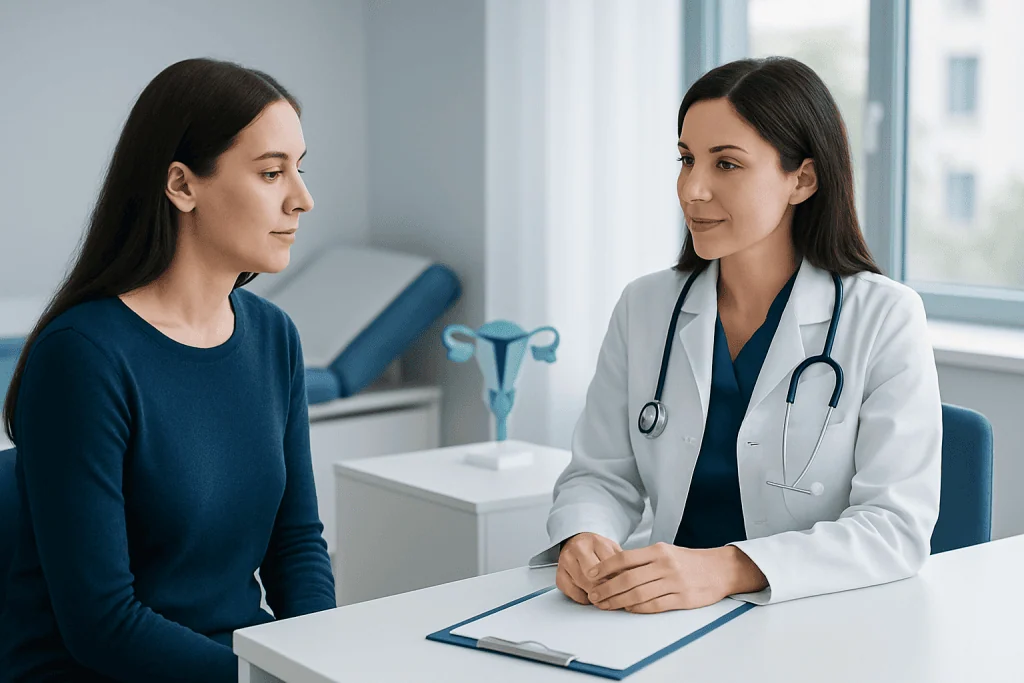 Doctor consulting with a female patient in a medical office setting.