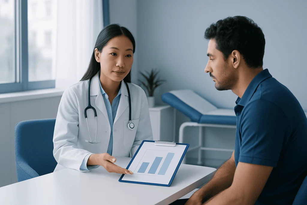 Doctor explaining lab test results to a patient in a medical consultation.