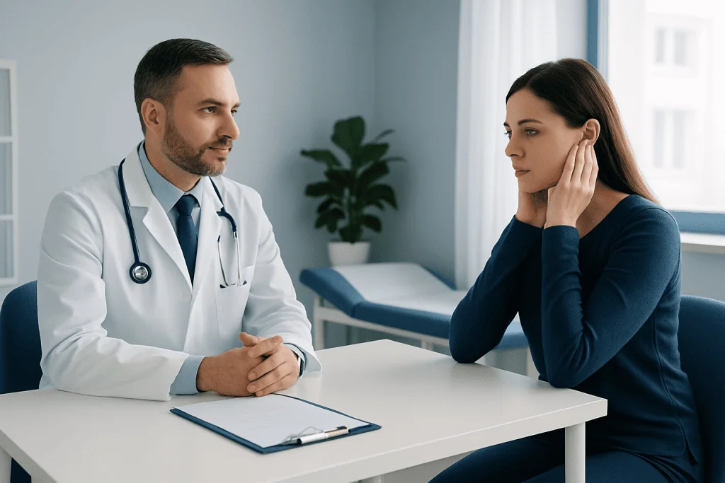 Doctor consulting with a woman about ear health in a medical office.
