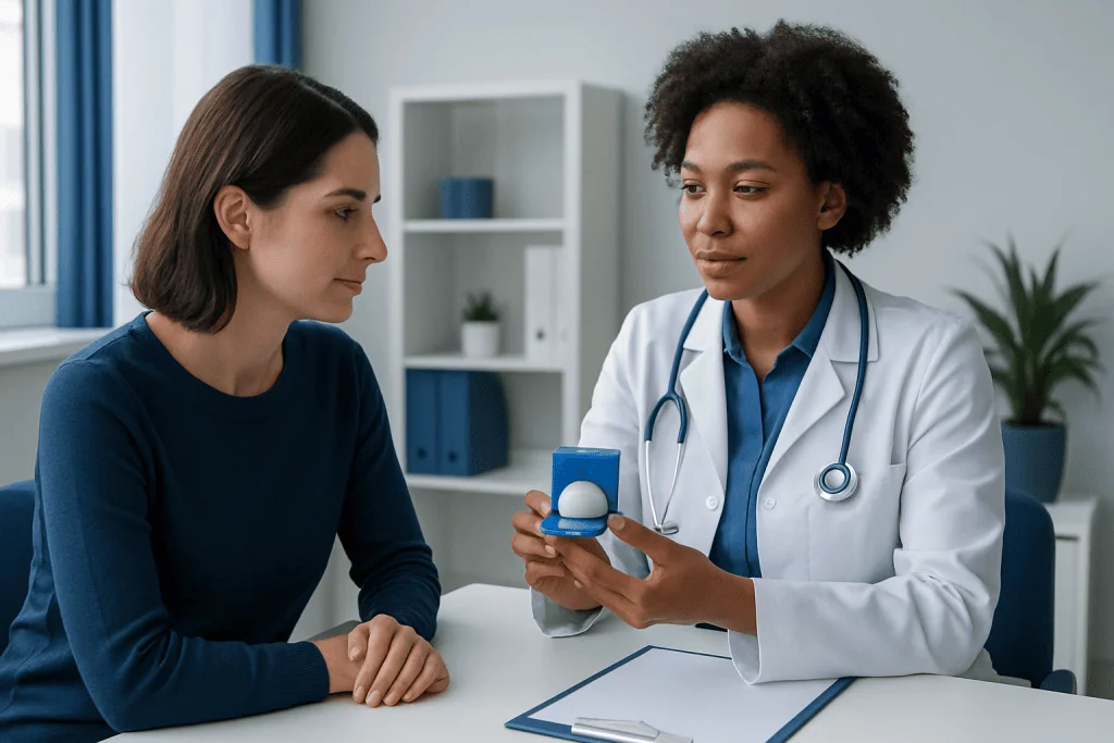 Doctor explaining birth control sponge to patient in a clinic setting.