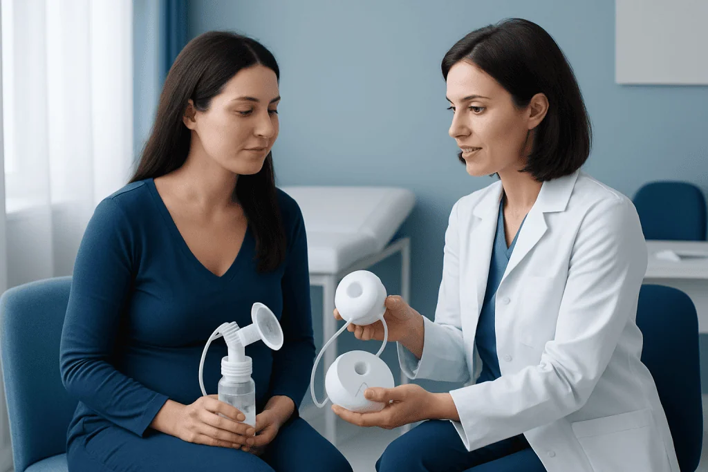 Medical professional explaining breast pump to patient in clinic setting.