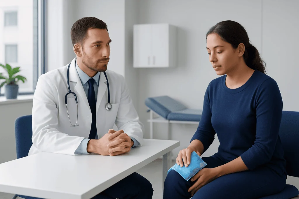 Doctor consulting patient with cold compress on knee in clinic.