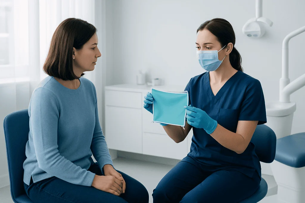 Dentist consulting with patient in a modern dental clinic.