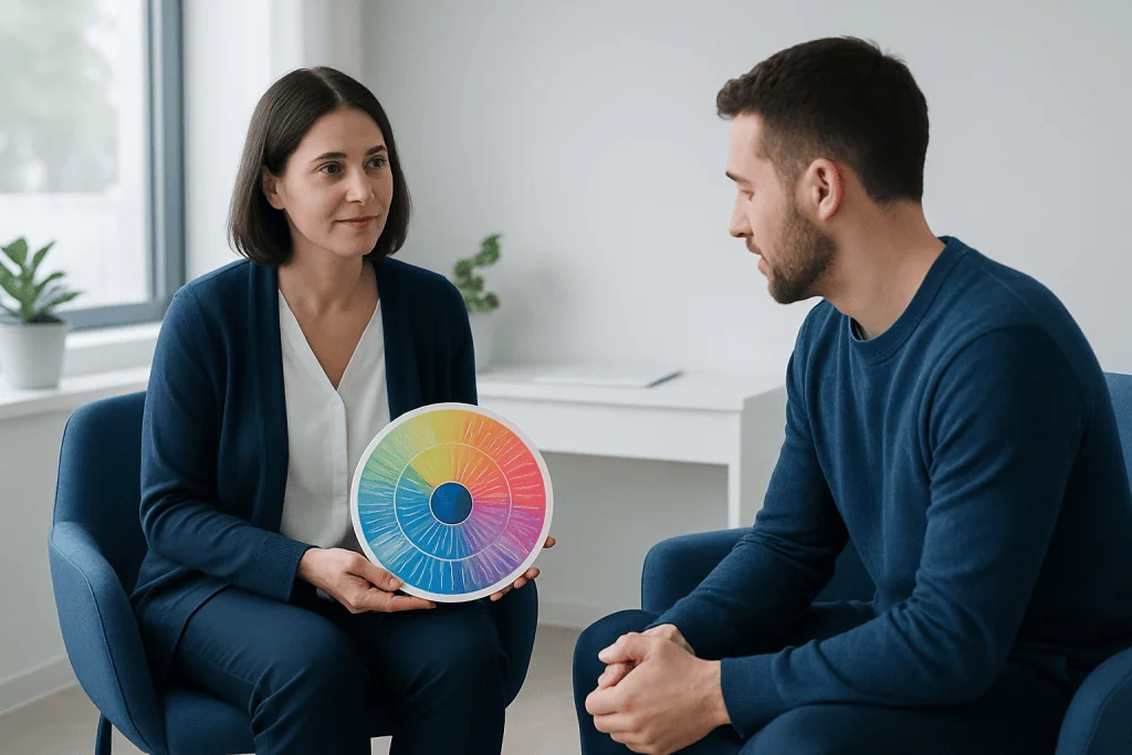 Therapist and patient discussing feelings with a color wheel in therapy session.