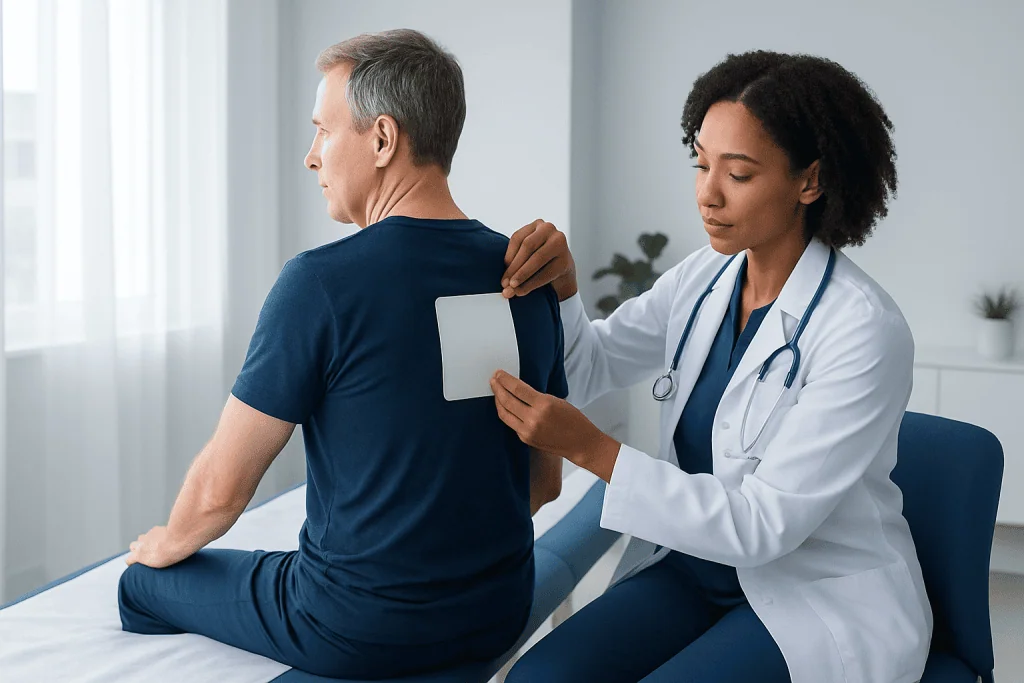 Doctor applying a lidocaine patch on a patient's shoulder in a clinical setting.