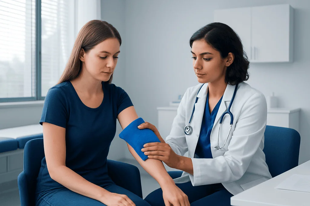 Doctor applying a warm compress to a patient's arm in a clinical setting.