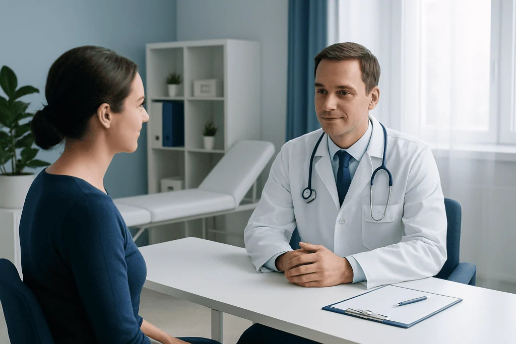 Doctor consulting with female patient in a modern clinic setting.
