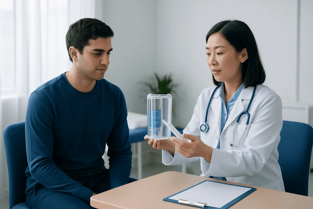 Doctor explaining incentive spirometer to patient in a consultation room.