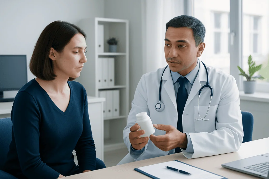 Doctor explaining medication to a patient in a clinic setting.