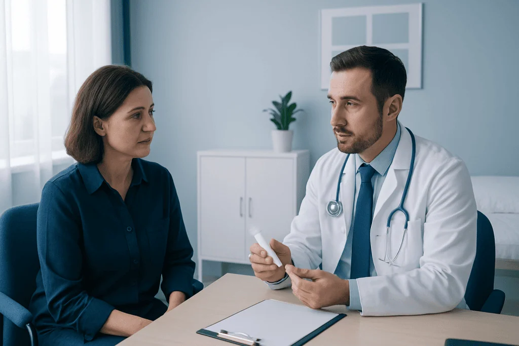 Doctor consulting with a female patient in a medical office setting.