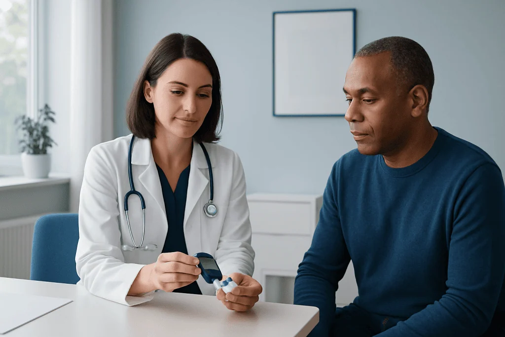 Doctor demonstrating Freestyle Lite test strips to patient in clinic.