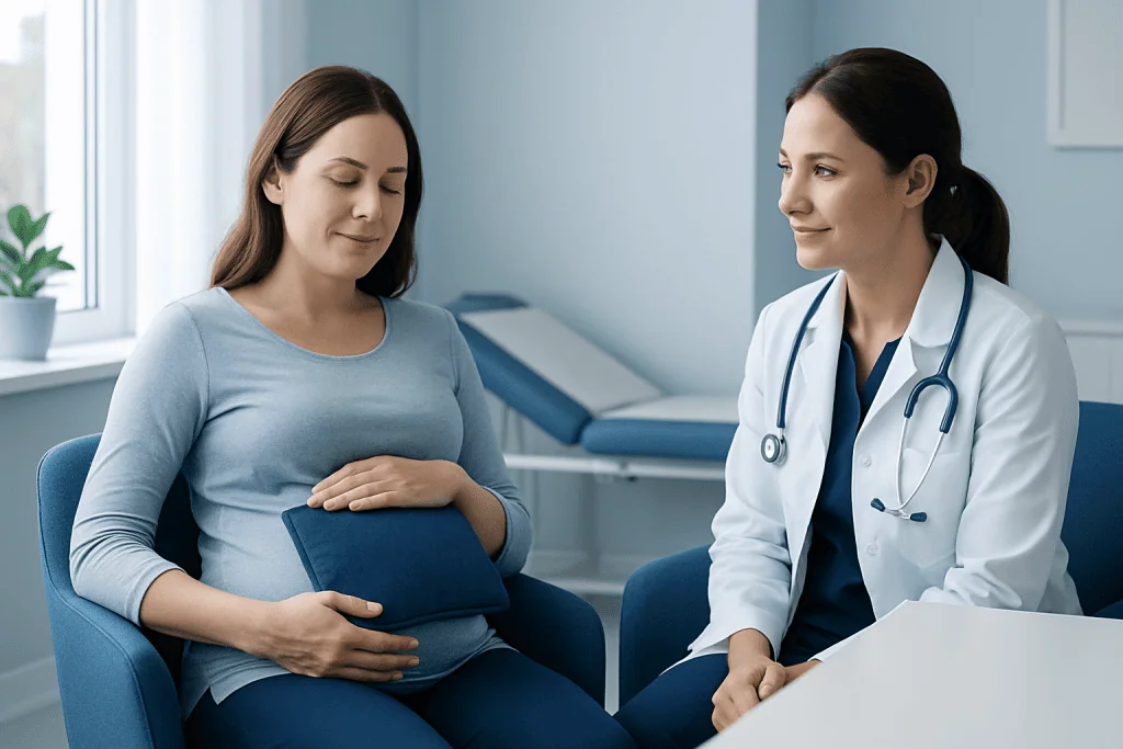 Pregnant woman consulting with doctor in a hospital setting.