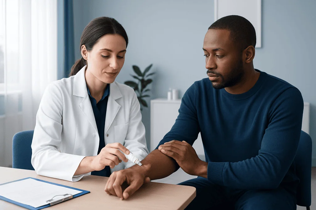 Doctor applying hydrocortisone cream to patient's arm for skin treatment.