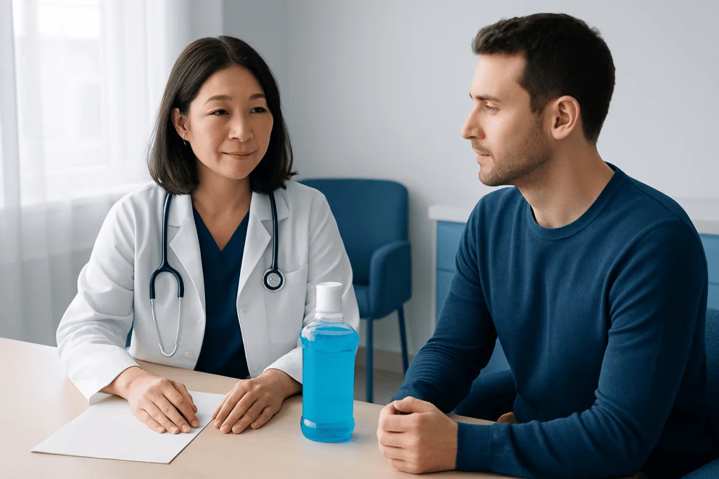 Doctor consulting with patient about mouthwash at clinic.