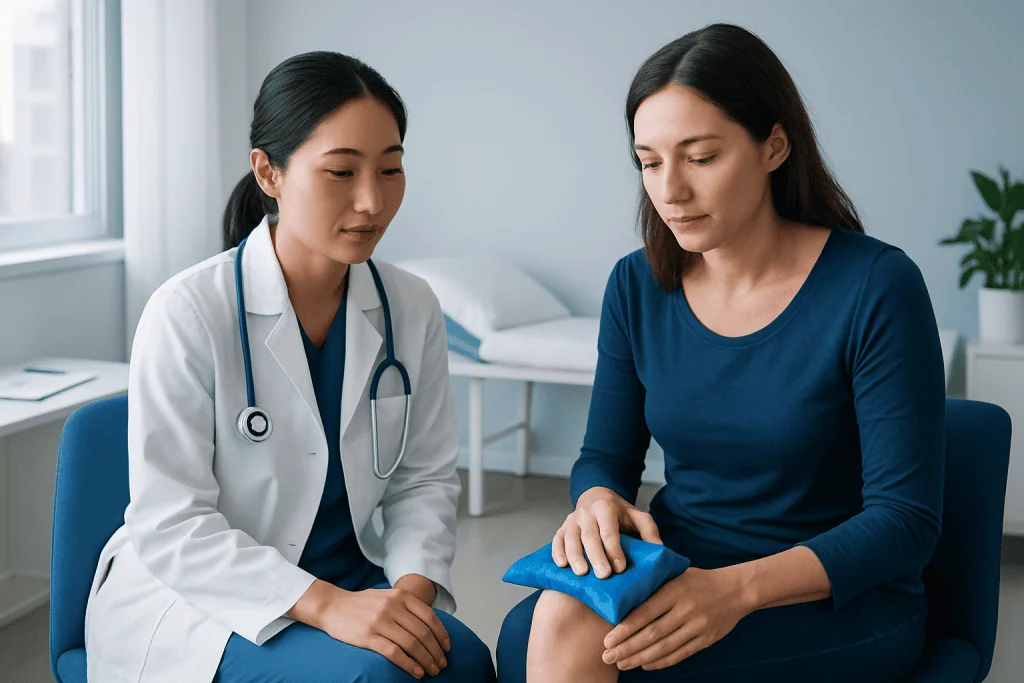 Doctor applying ice pack to patient's knee for injury treatment.