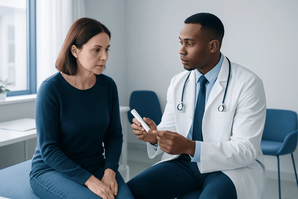 Doctor consulting with a female patient in a medical office.
