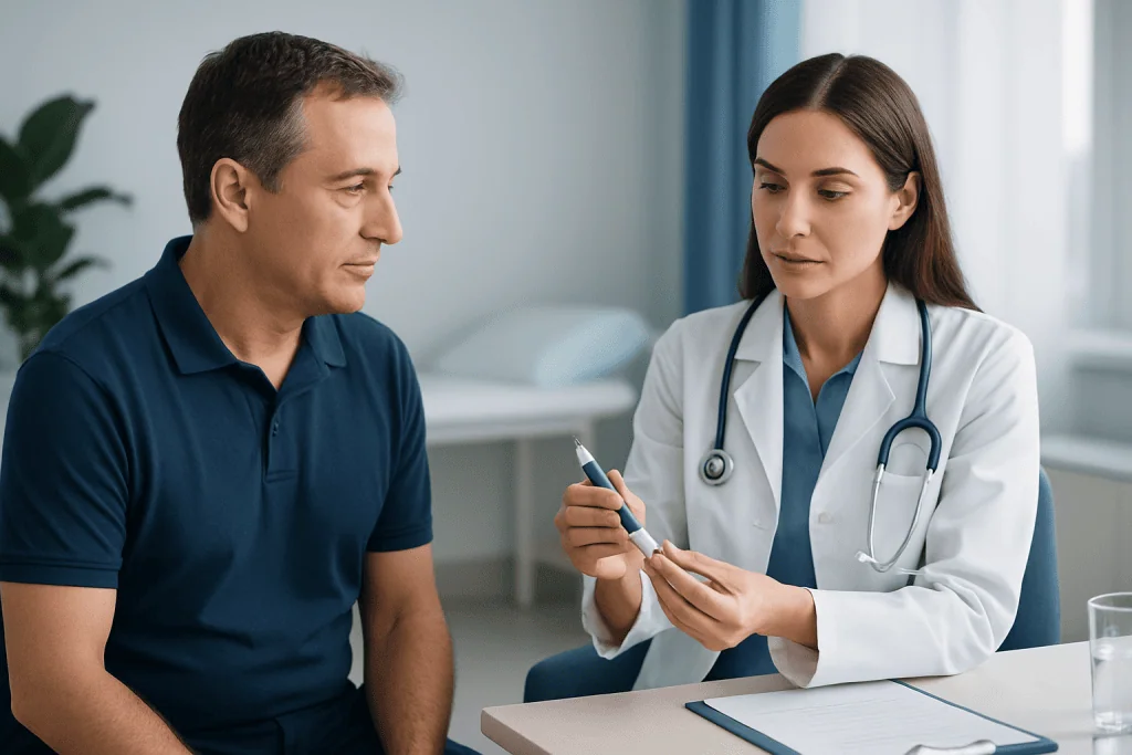 Doctor explaining insulin pen to patient in a medical consultation.