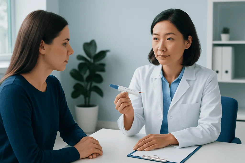 Doctor explaining ovulation test kit to patient in clinic setting.