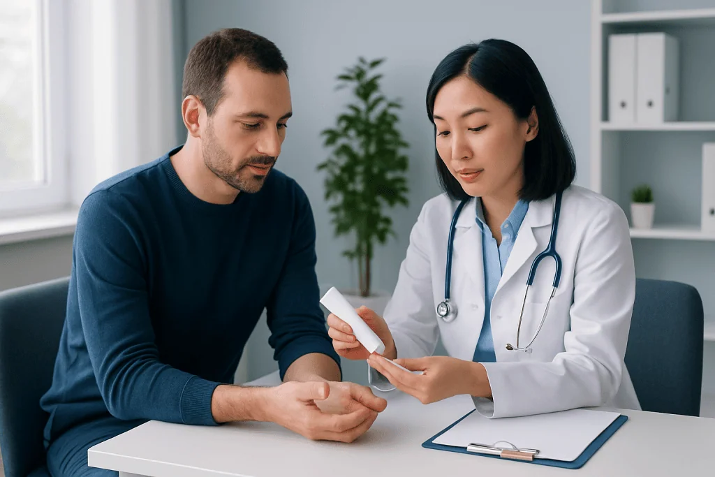 Doctor consulting with male patient in a medical office setting.