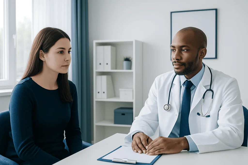Doctor consulting with a young woman in a medical office setting.