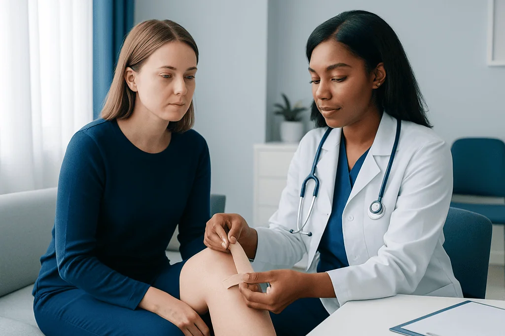 Doctor applying a bandage to a patient's knee during consultation.
